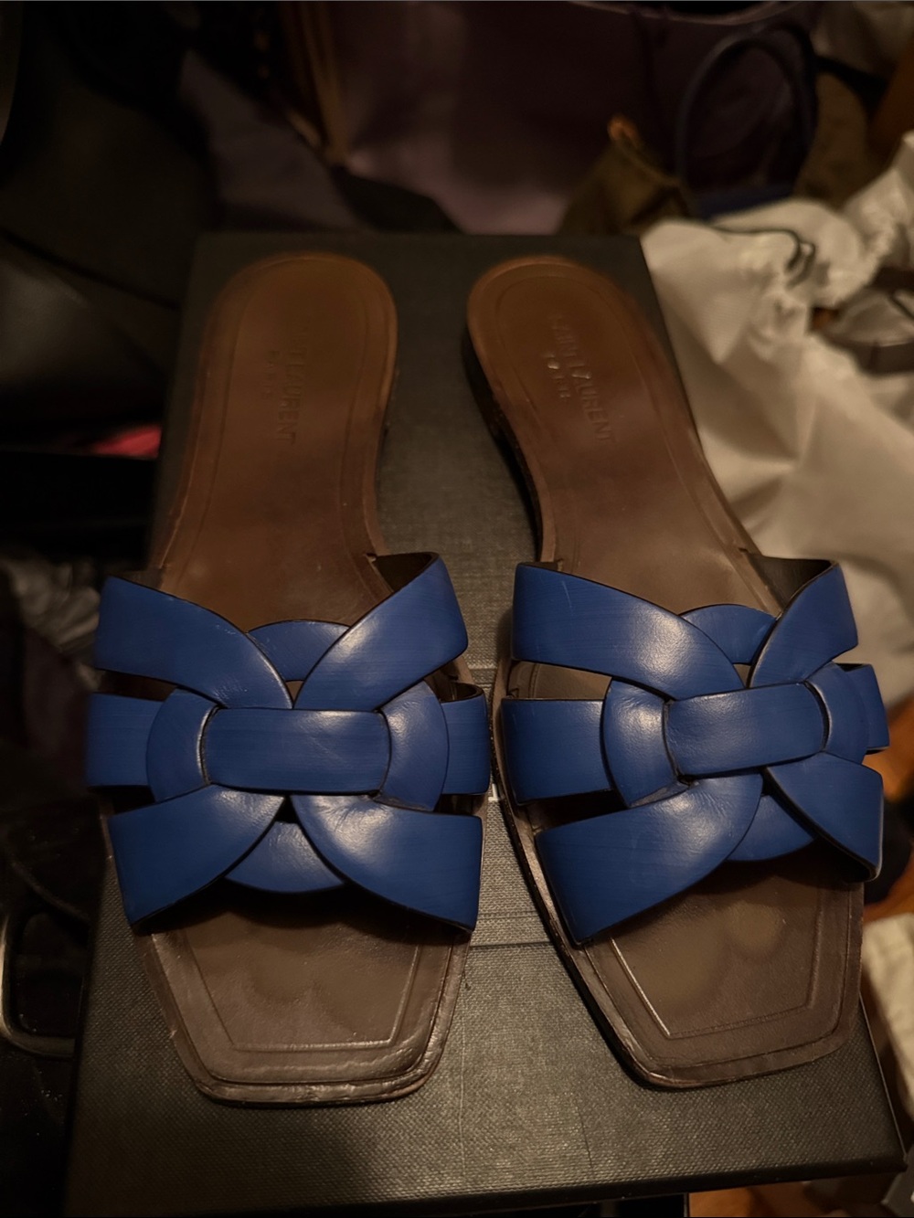Saint Laurent Cobalt Blue Braided Leather Slide Mules